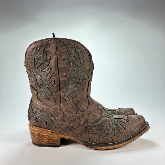 Roper Amelia Snip Toe Eagle Overlay Western Cowgirl Boots Brown Women's Size 8 - Picture 1 of 10